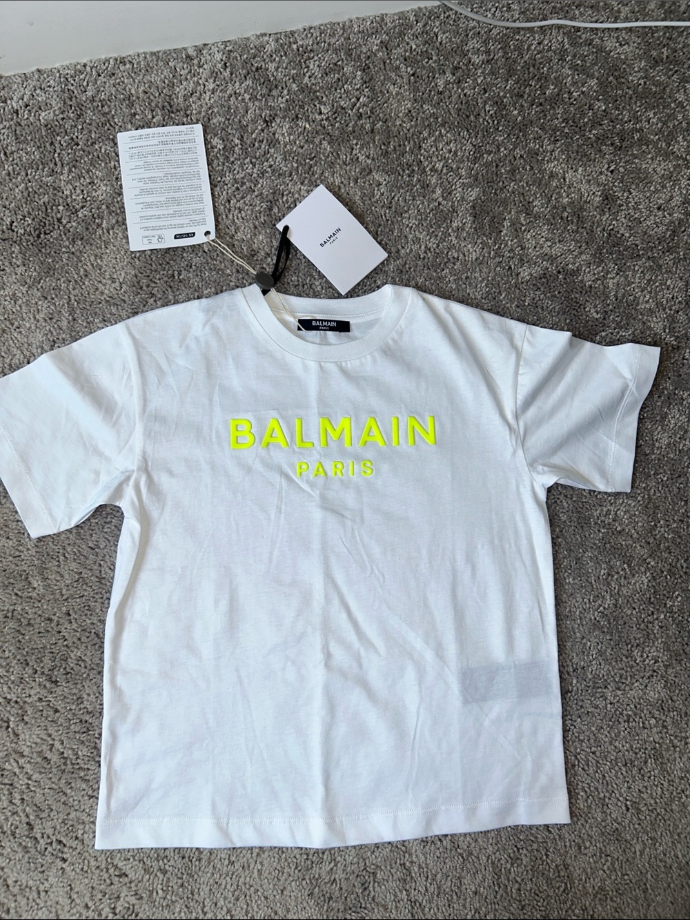 Balmain White Short Sleeve Tee kids tshirt size 6 with Neon Yellow Logo